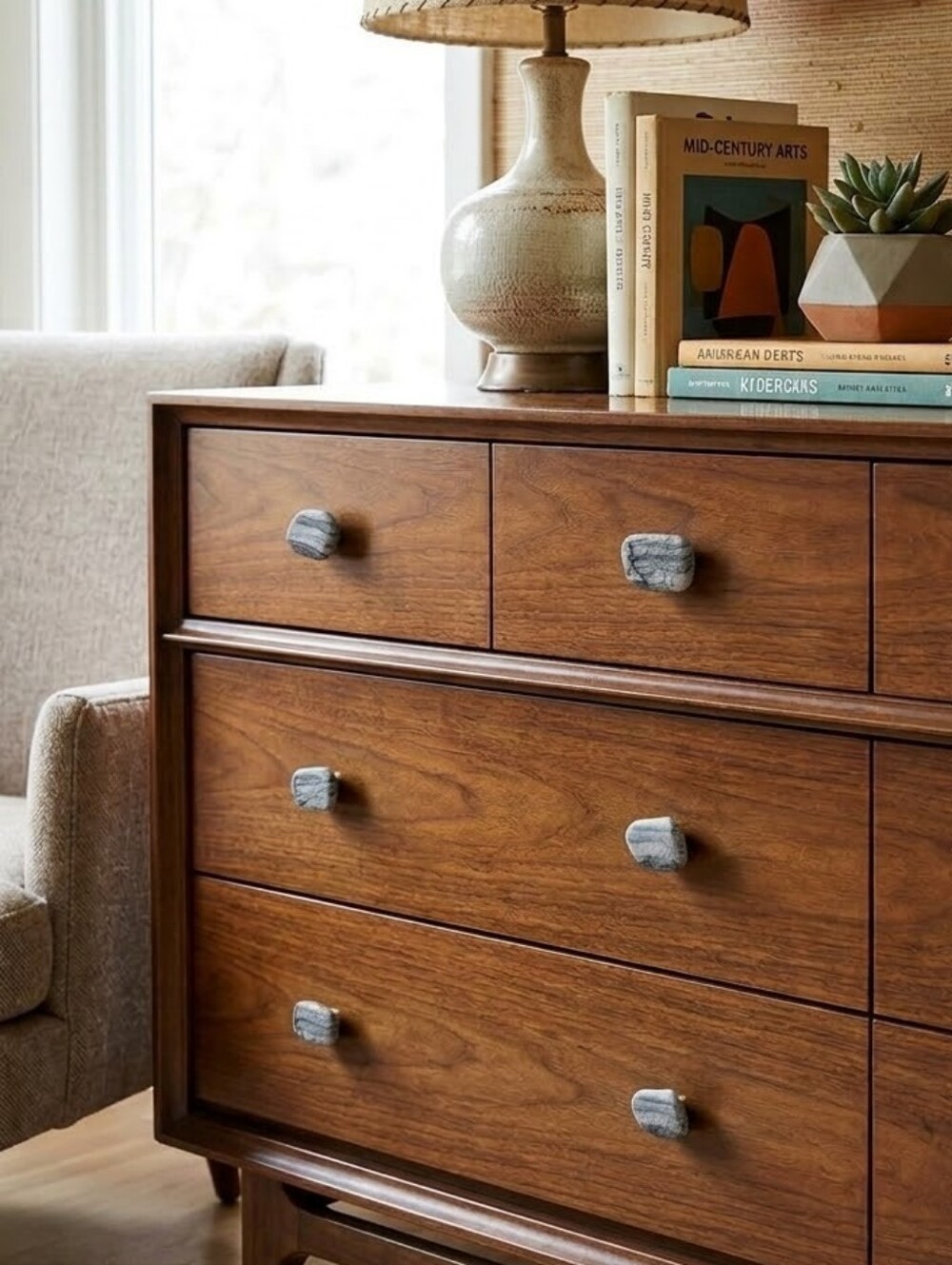 Set of 4 Natural Stone Rock Drawer Knobs New and Unused Grey/Black Bolts Incl.